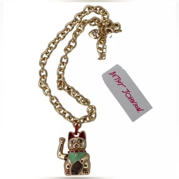 BETSEY JOHNSON Colorful Ceramic & Gold-Tone Lucky Asian Cat Chain Necklace NWT - Picture 1 of 4